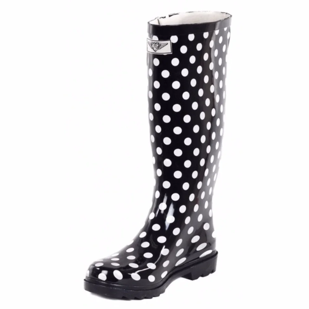Women's Rubber Rain Boots, Black Polka Dots Garden Rainboots, Size 5. NEW